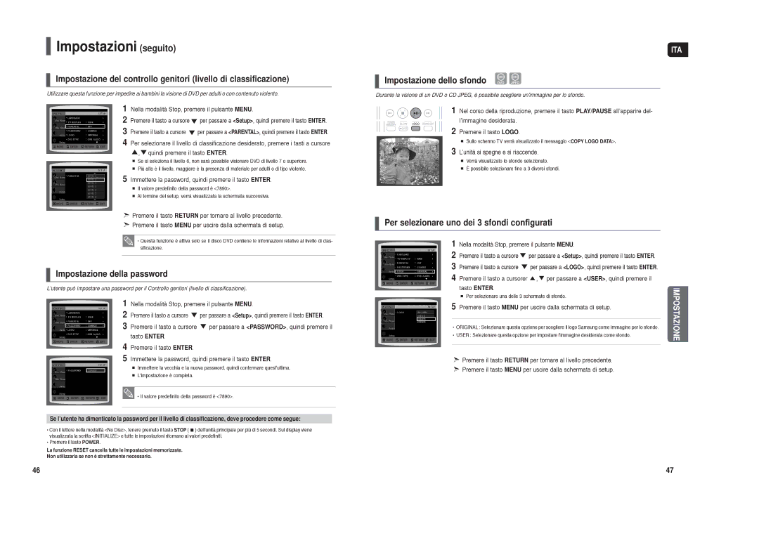 Samsung HT-TXQ120R/XET manual Impostazioni seguito, Impostazione dello sfondo DVD Jpeg, Impostazione della password 