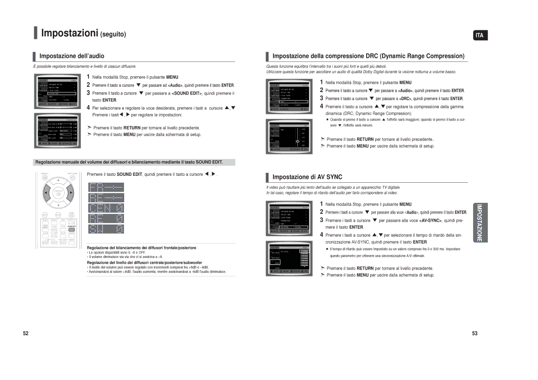 Samsung HT-TXQ120R/XET manual Impostazione dell’audio, Impostazione di AV Sync, Dinamica DRC, Dynamic Range Compression 