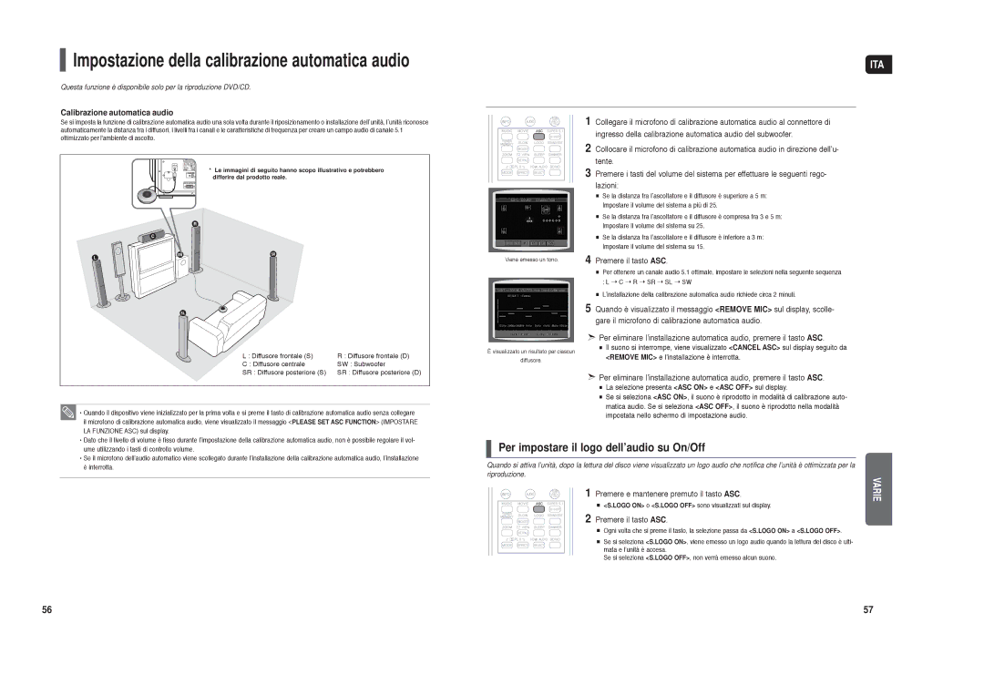 Samsung HT-TXQ120R/XET Per impostare il logo dell’audio su On/Off, Calibrazione automatica audio, Premere il tasto ASC 