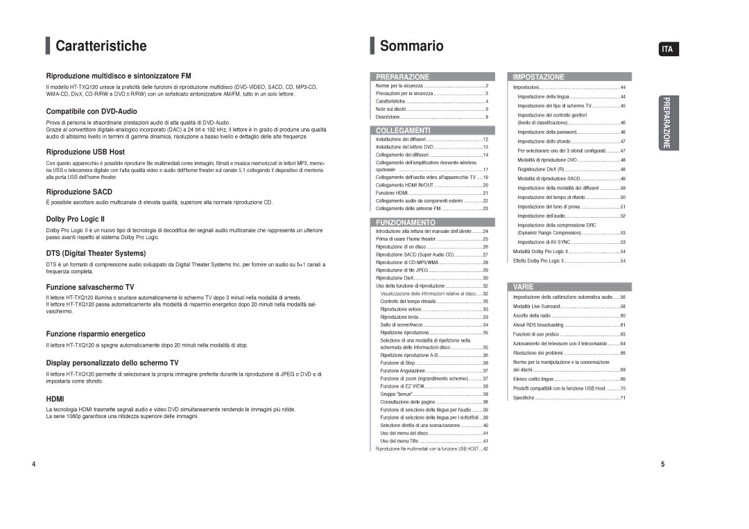 Samsung HT-TXQ120R/XET manual Caratteristiche, Sommario 