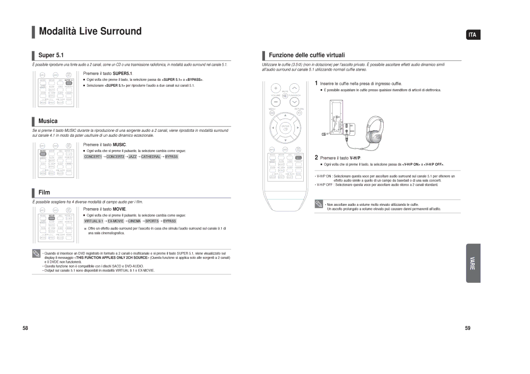 Samsung HT-TXQ120R/XET manual Modalità Live Surround, Super, Musica, Film, Funzione delle cuffie virtuali 