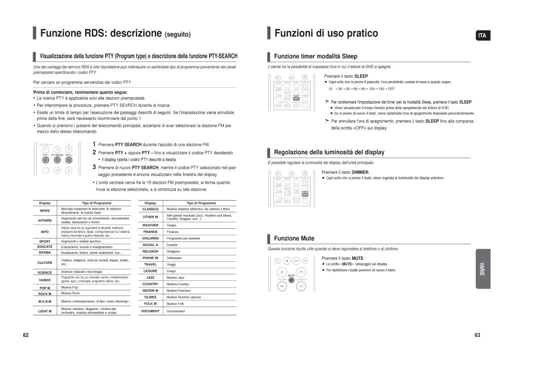 Samsung HT-TXQ120R/XET manual Funzione RDS descrizione seguito, Funzioni di uso pratico, Funzione timer modalità Sleep 