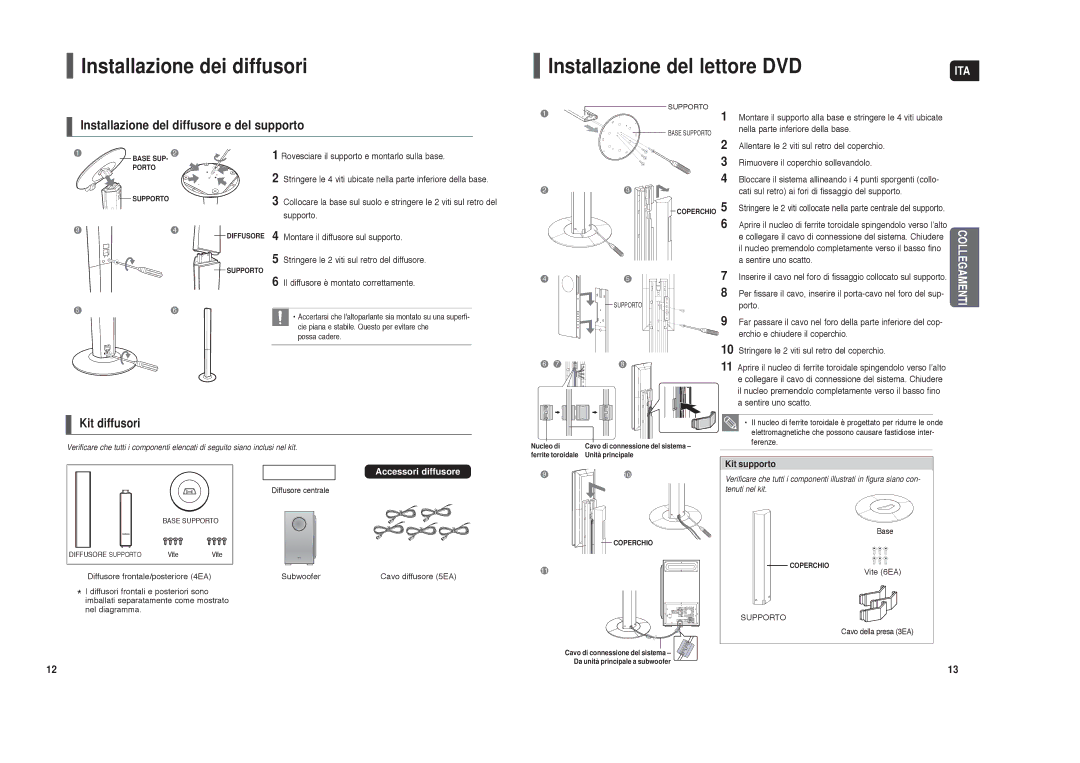 Samsung HT-TXQ120R/XET manual Installazione dei diffusori Installazione del lettore DVD, Kit supporto 