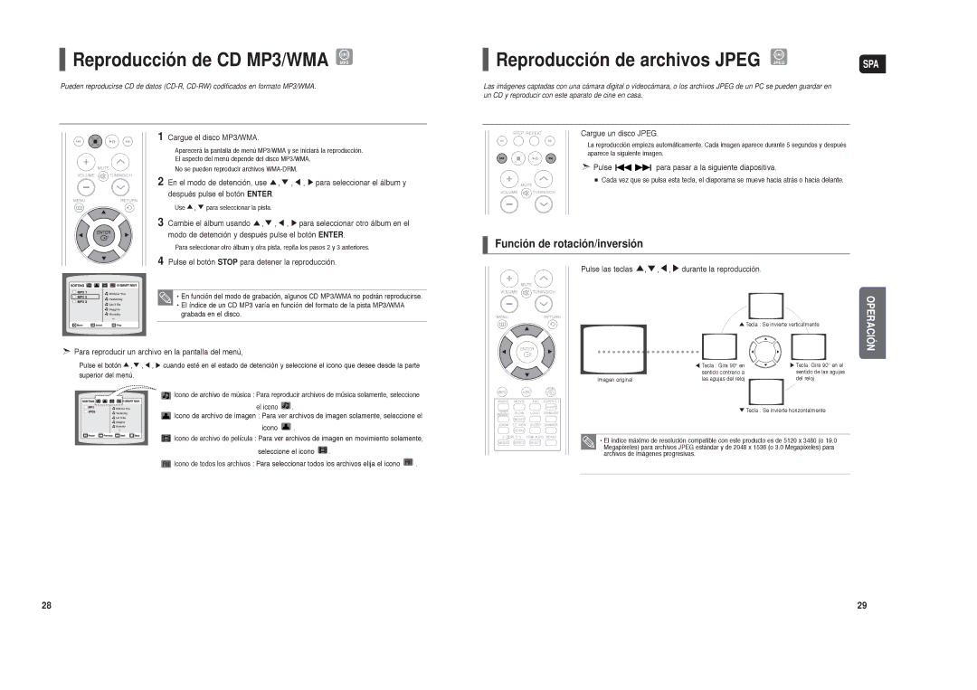 Samsung HT-TXQ120R/XET Reproducción de CD MP3/WMA MP3, Reproducción de archivos Jpeg Jpeg, Función de rotación/inversión 