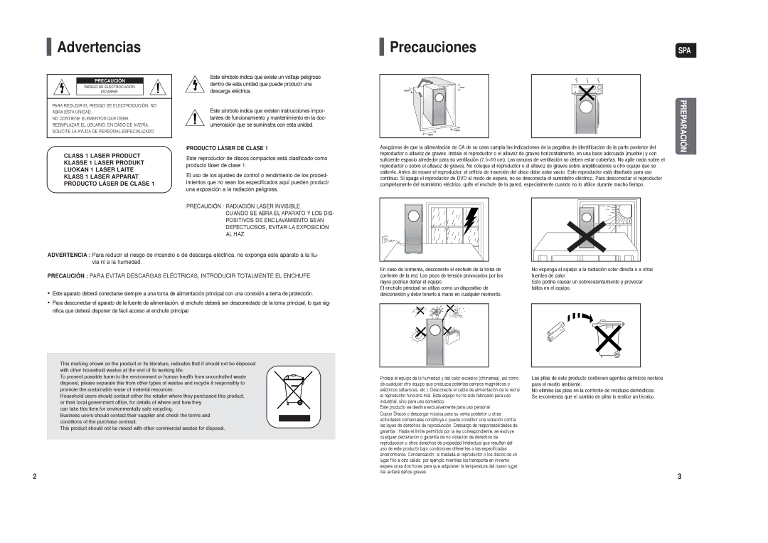 Samsung HT-TXQ120R/XET manual Advertencias Precauciones, Spa 