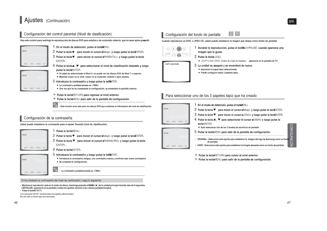 Samsung HT-TXQ120R/XET Configuración del control parental Nivel de clasificación, Configuración del fondo de pantalla 