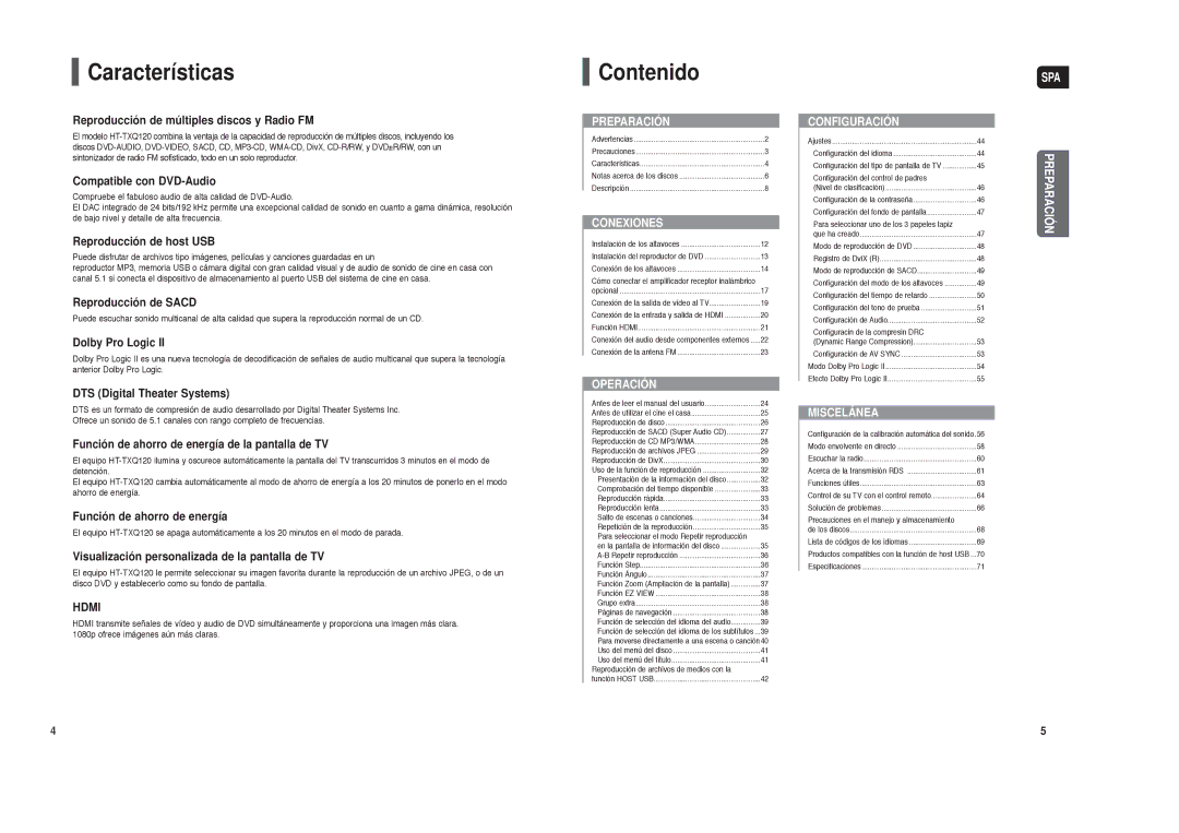 Samsung HT-TXQ120R/XET manual Características, Contenido 