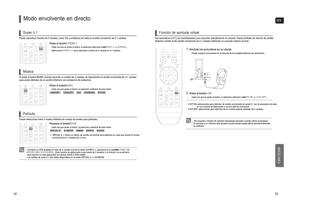 Samsung HT-TXQ120R/XET manual Modo envolvente en directo, Super, Música, Película, Función de auricular virtual 