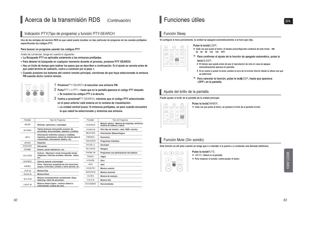 Samsung HT-TXQ120R/XET manual Acerca de la transmisión RDS Continuación, Funciones útiles 