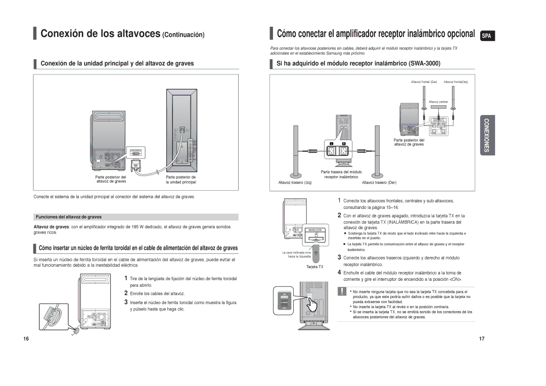 Samsung HT-TXQ120R/XET manual Conexión de la unidad principal y del altavoz de graves, Funciones del altavoz de graves 