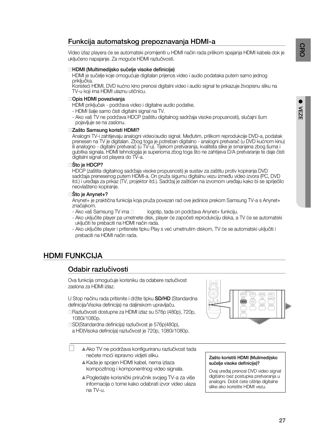 Samsung HT-TZ315R/EDC, HT-TZ212R/EDC manual Hdmi FUNkCIjA, Funkcija automatskog prepoznavanja HDMI-a, Odabir razlučivosti 