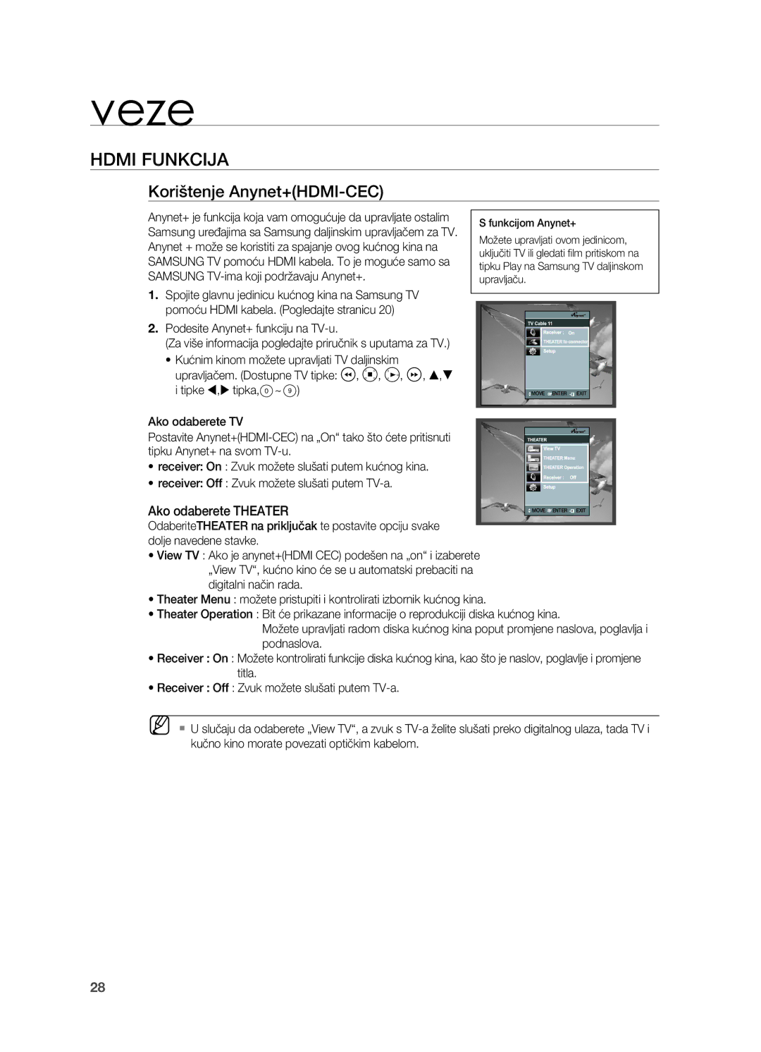 Samsung HT-TZ215R/EDC manual Korištenje Anynet+HDMI-CEC, Ako odaberete Theater, . Podesite Anynet+ funkciju na TV-u 