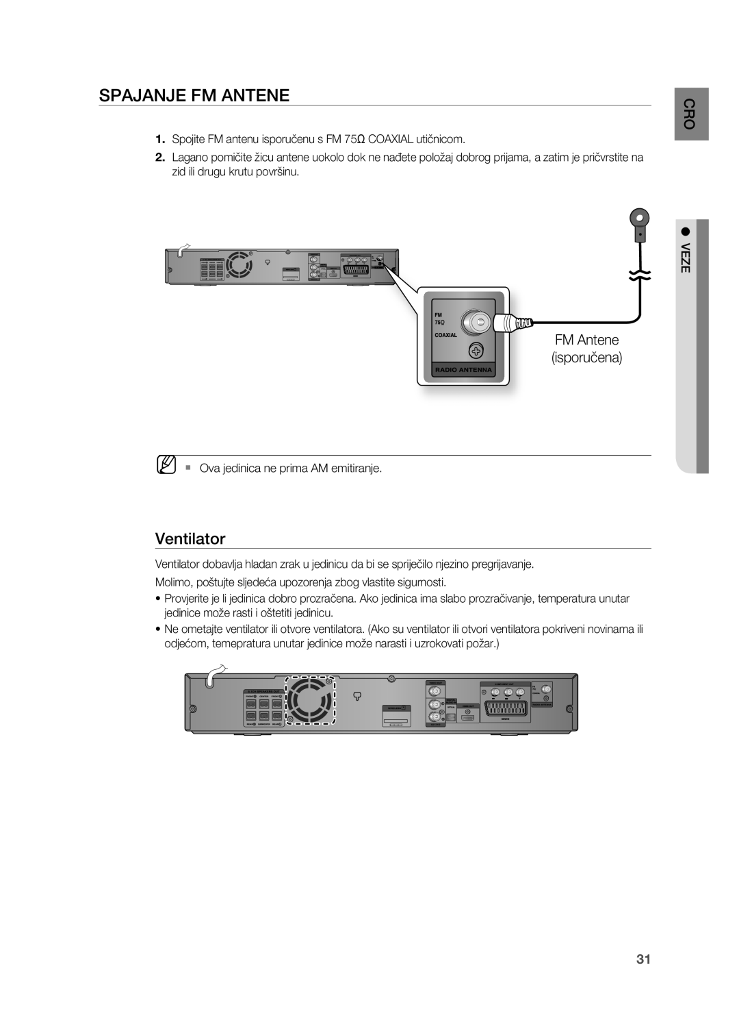 Samsung HT-Z210R/EDC manual SPAjANjE FM Antene, Ventilator, FM Antene isporučena, ` Ova jedinica ne prima AM emitiranje 