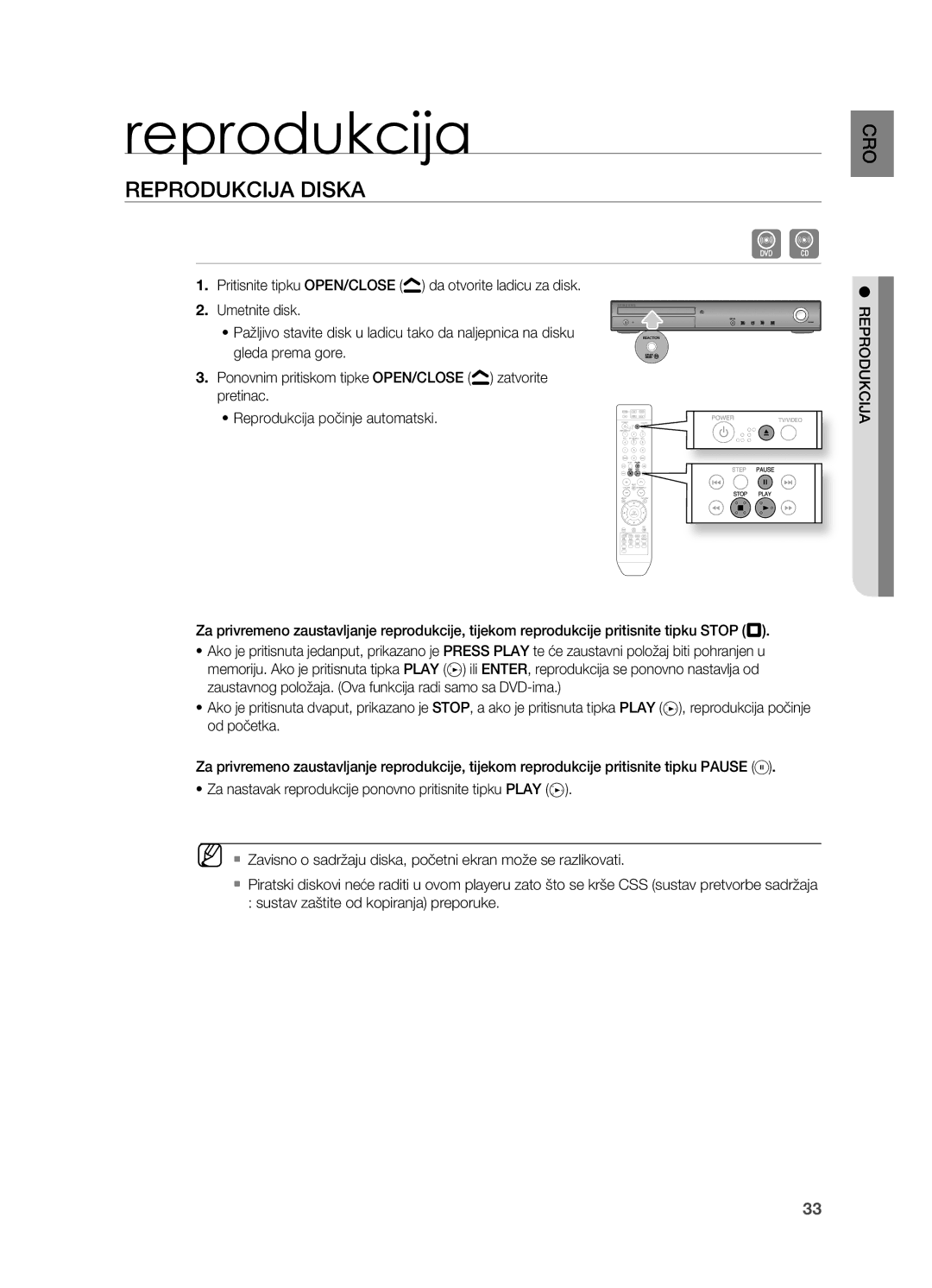 Samsung HT-TZ215R/EDC, HT-TZ212R/EDC, HT-Z310R/EDC, HT-Z210R/EDC, HT-TZ315R/EDC manual Reprodukcija, REPRoDUkCIjA DISkA 