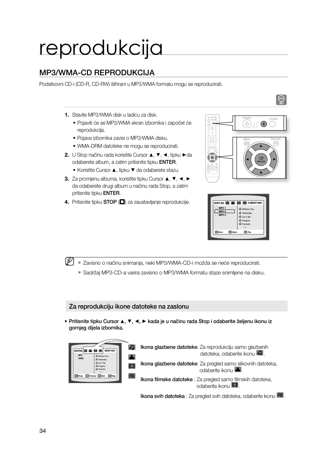 Samsung HT-TZ212R/EDC, HT-Z310R/EDC, HT-Z210R/EDC manual MP3/WMA-CD REPRoDUkCIjA, Za reprodukciju ikone datoteke na zaslonu 