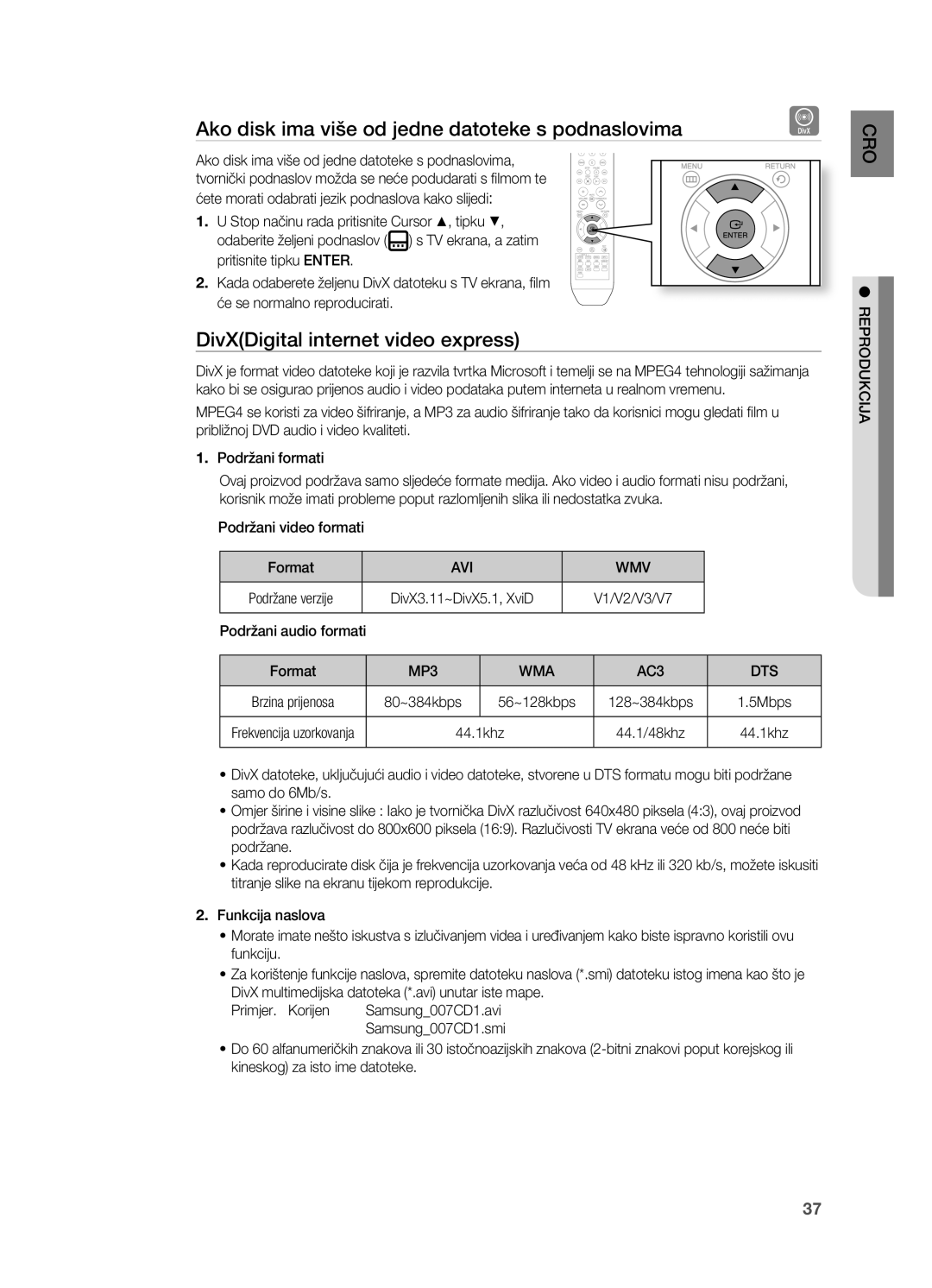 Samsung HT-TZ315R/EDC Ako disk ima više od jedne datoteke s podnaslovima, DivXDigital internet video express, Avi Wmv, Dts 