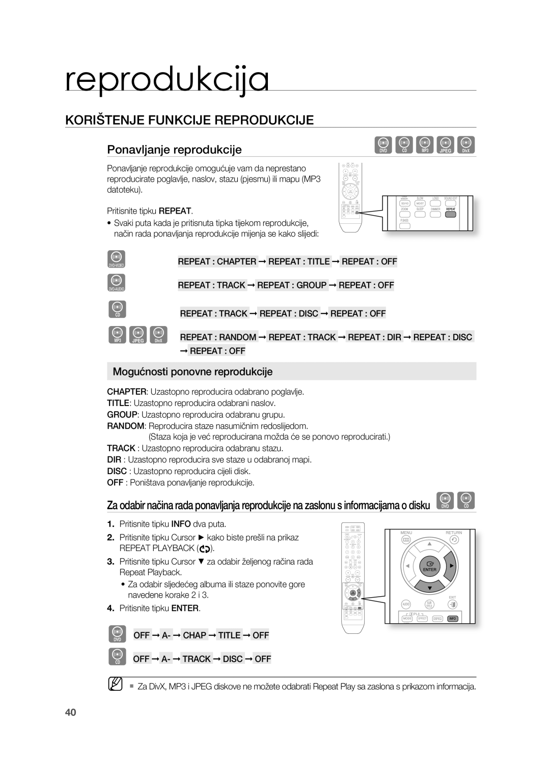 Samsung HT-Z310R/EDC, HT-TZ212R/EDC manual Ponavljanje reprodukcije, Mogućnosti ponovne reprodukcije, Repeat Playback 