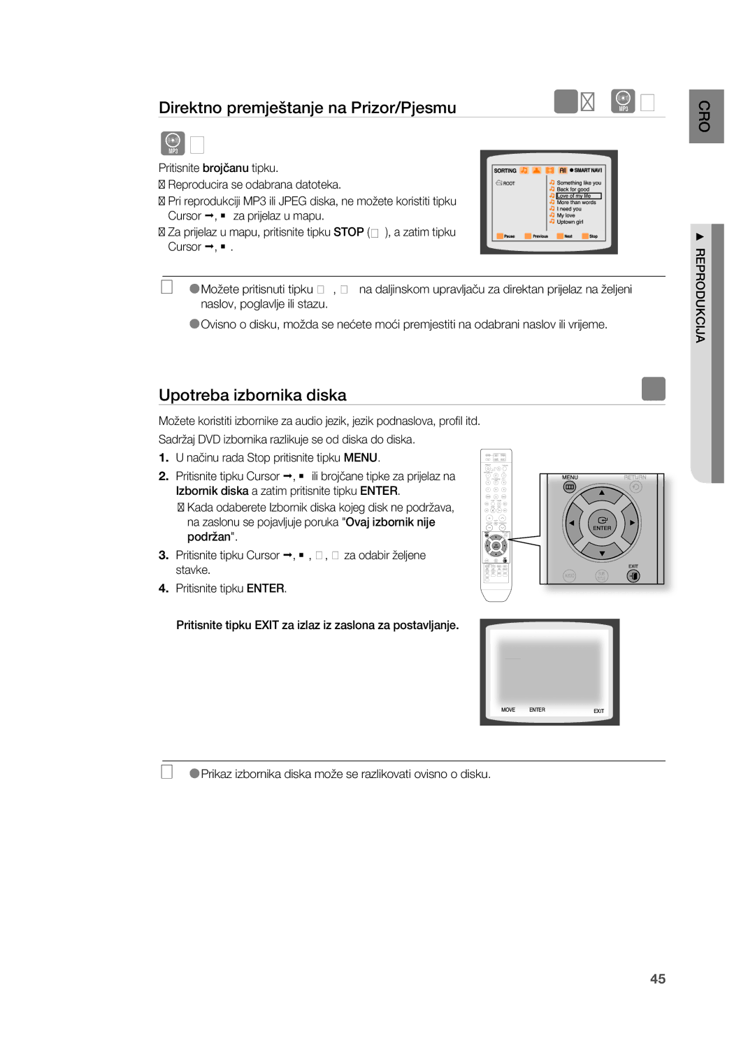 Samsung HT-Z310R/EDC, HT-TZ212R/EDC, HT-Z210R/EDC manual Upotreba izbornika diska, Načinu rada Stop pritisnite tipku Menu 