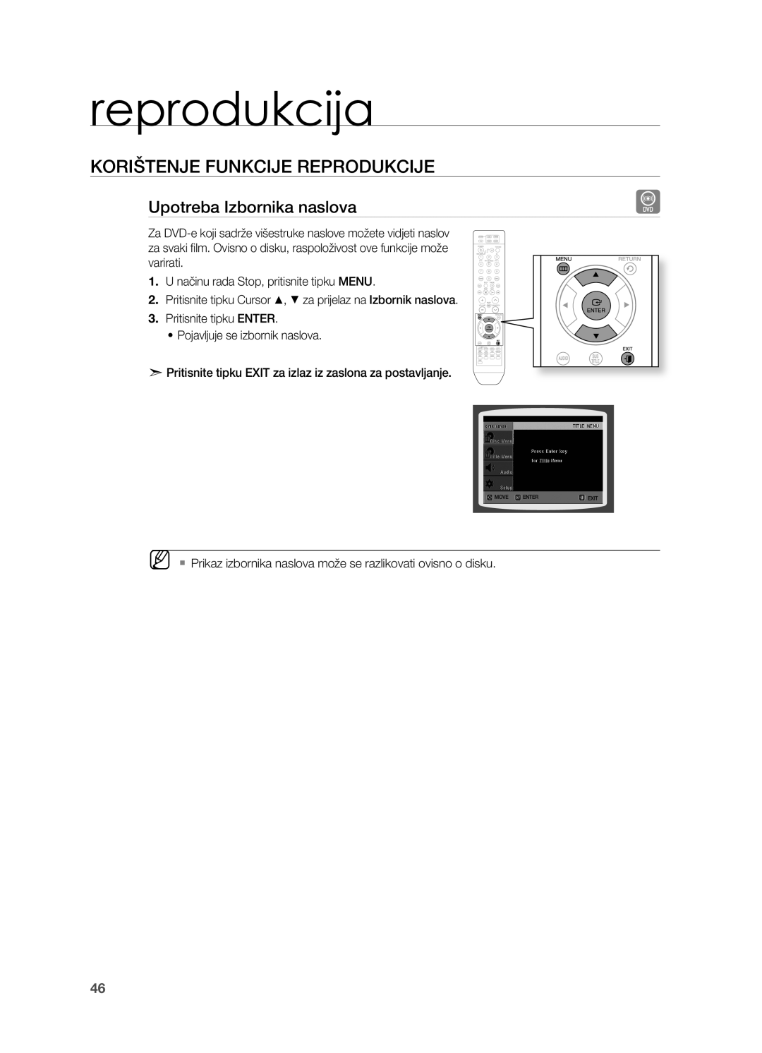 Samsung HT-Z210R/EDC, HT-TZ212R/EDC, HT-Z310R/EDC, HT-TZ315R/EDC, HT-TZ215R/EDC manual Upotreba Izbornika naslova 