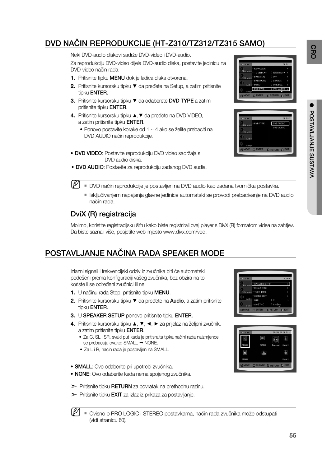 Samsung HT-Z310R/EDC, HT-TZ212R/EDC DVD način reprodukcije HT-Z310/TZ312/TZ315 samo, Postavljanje načina rada Speaker Mode 