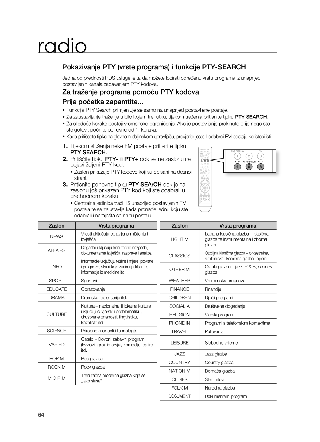 Samsung HT-TZ212R/EDC, HT-Z310R/EDC manual Pokazivanje PTY vrste programa i funkcije PTY-SEARCH, Zaslon Vrsta programa 