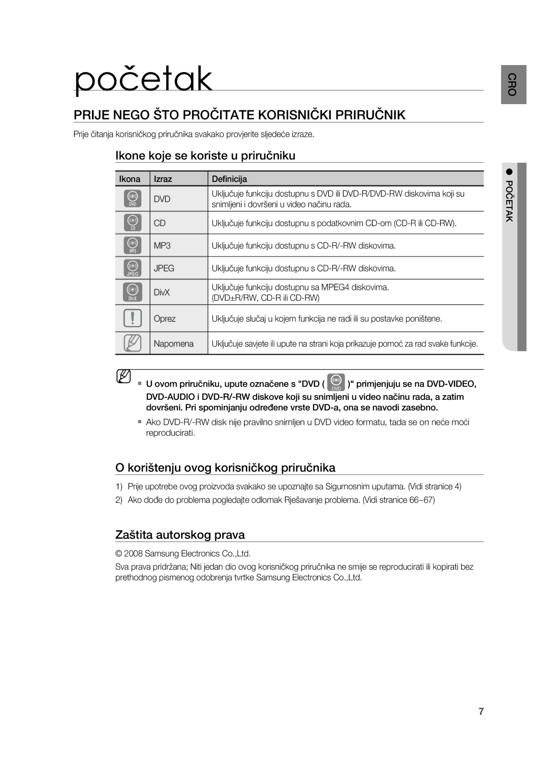 Samsung HT-TZ315R/EDC manual Početak, Prije nego što pročitate korisnički priručnik, Ikone koje se koriste u priručniku 