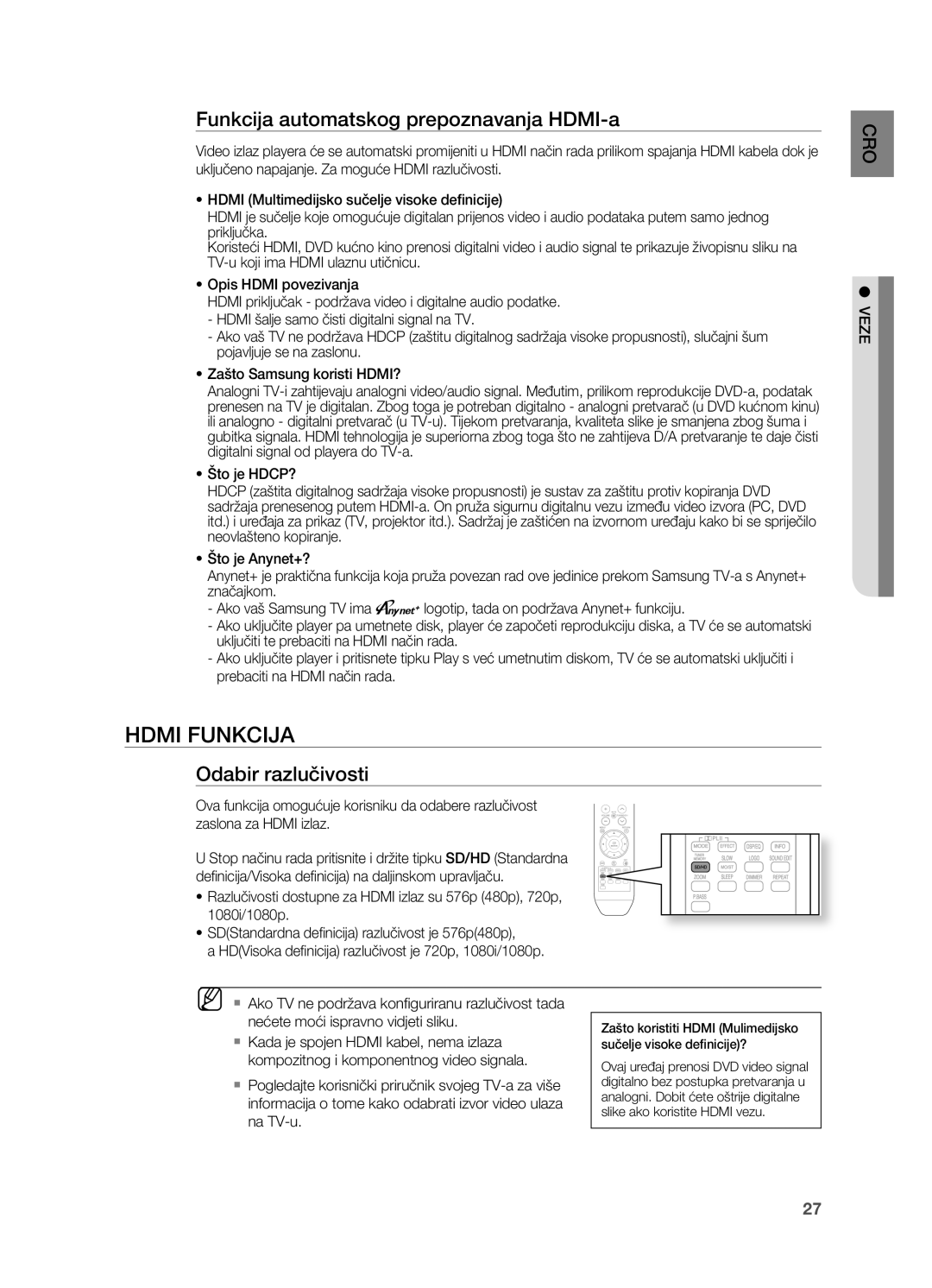 Samsung HT-TZ315R/EDC, HT-TZ212R/EDC manual HDMI FUNkCIjA, Funkcija automatskog prepoznavanja HDMI-a, odabir razlučivosti 