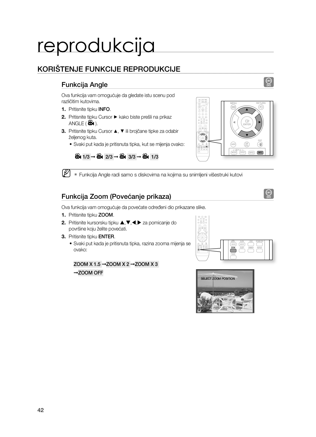 Samsung HT-TZ315R/EDC Funkcija Angle, Funkcija Zoom Povećanje prikaza, reprodukcija, koRIŠTENjE FUNkCIjE REPRoDUkCIjE 