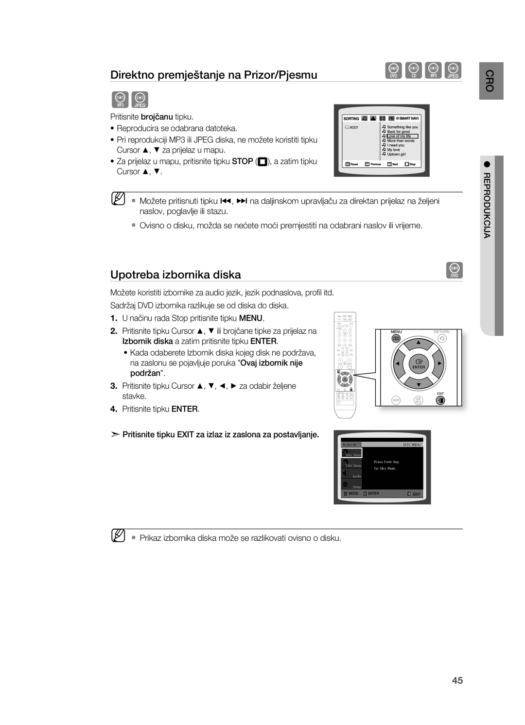Samsung HT-Z310R/EDC, HT-TZ212R/EDC manual Upotreba izbornika diska, Direktno premještanje na Prizor/Pjesmu, MoVE, Enter 