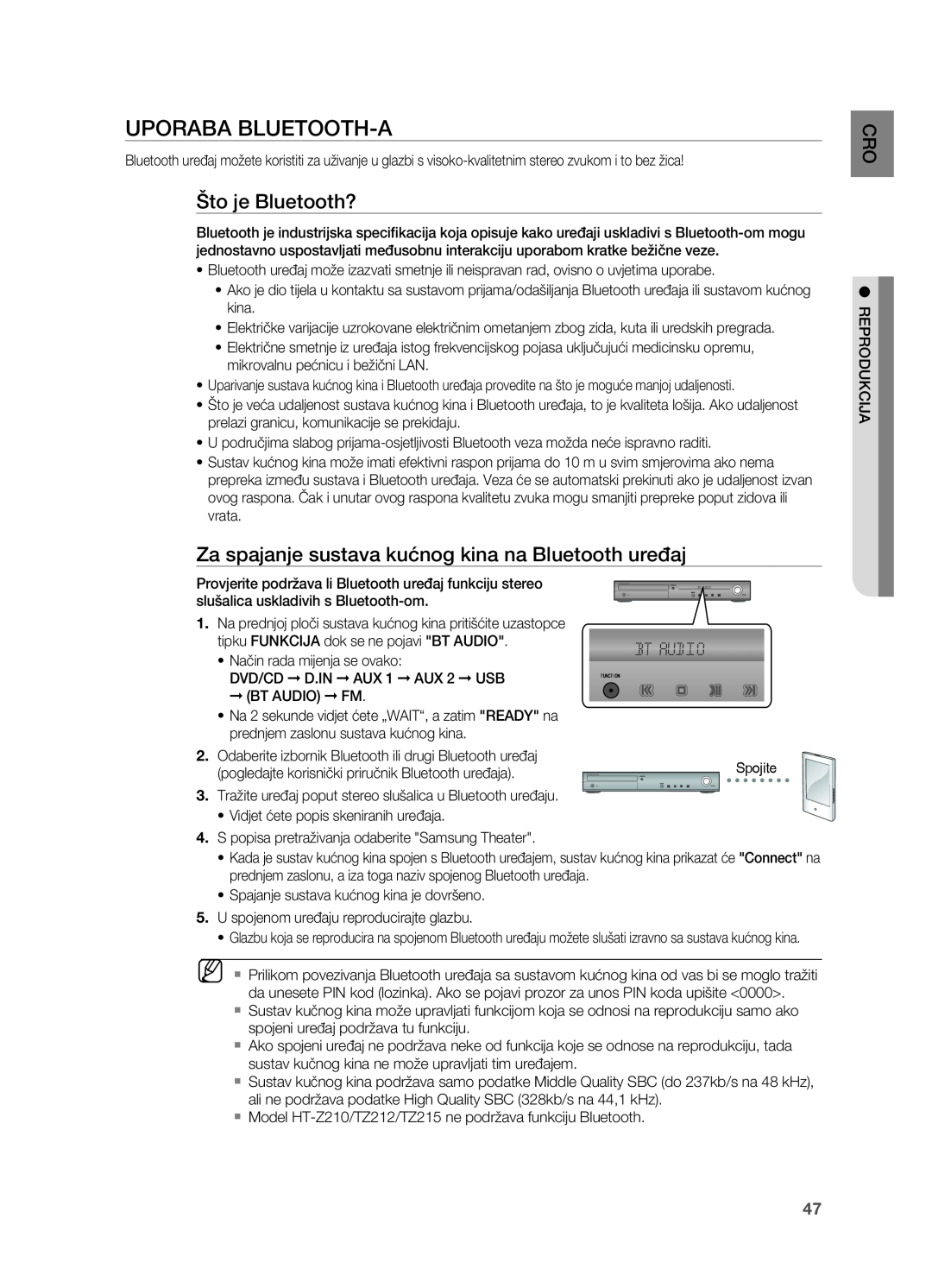 Samsung HT-TZ315R/EDC manual UPoRABA BLUETooTH-A, Što je Bluetooth?, Za spajanje sustava kućnog kina na Bluetooth uređaj 