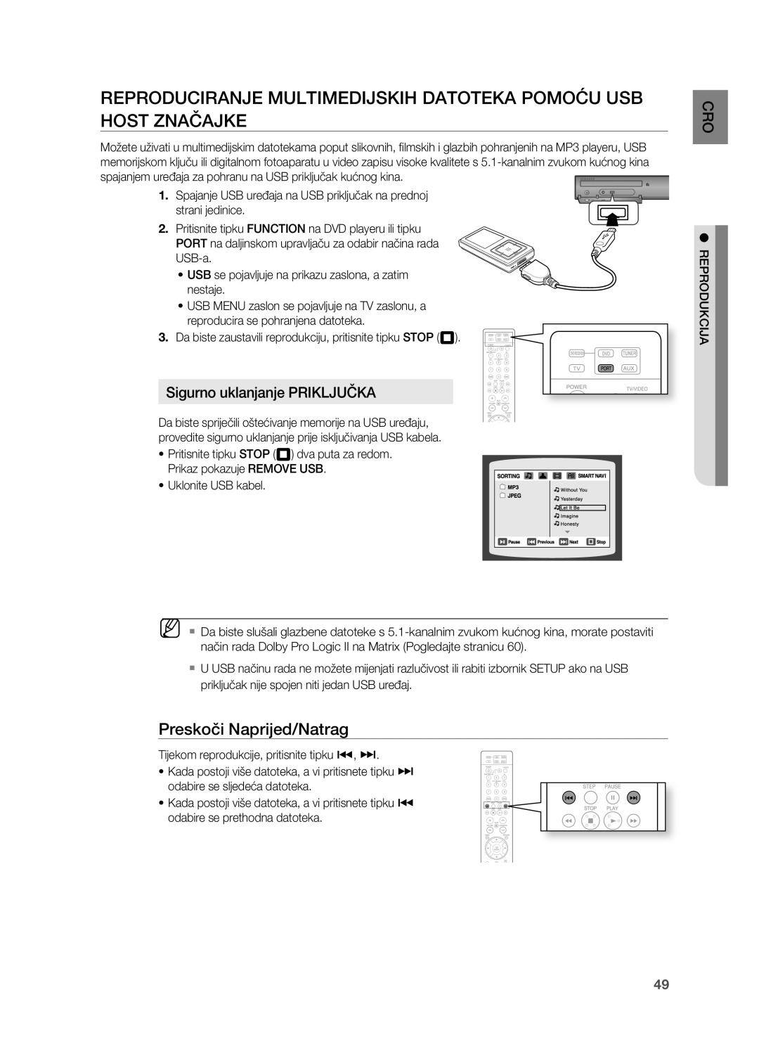 Samsung HT-TZ212R/EDC manual REPRoDUCIRANjE MULTIMEDIjSkIH DAToTEkA PoMoćU USB HoST ZNAčAjkE, Sigurno uklanjanje PRIkLjUčkA 