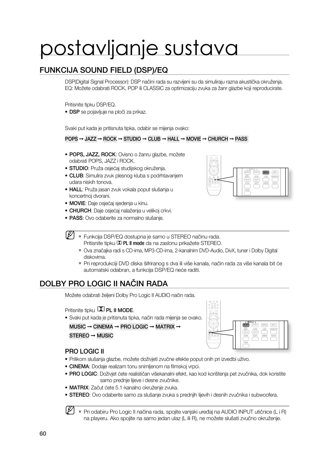 Samsung HT-Z310R/EDC, HT-TZ212R/EDC manual FUNkCIjA SoUND FIELD DSP/EQ, DoLBY PRo LogIC II NAčIN RADA, postavljanje sustava 