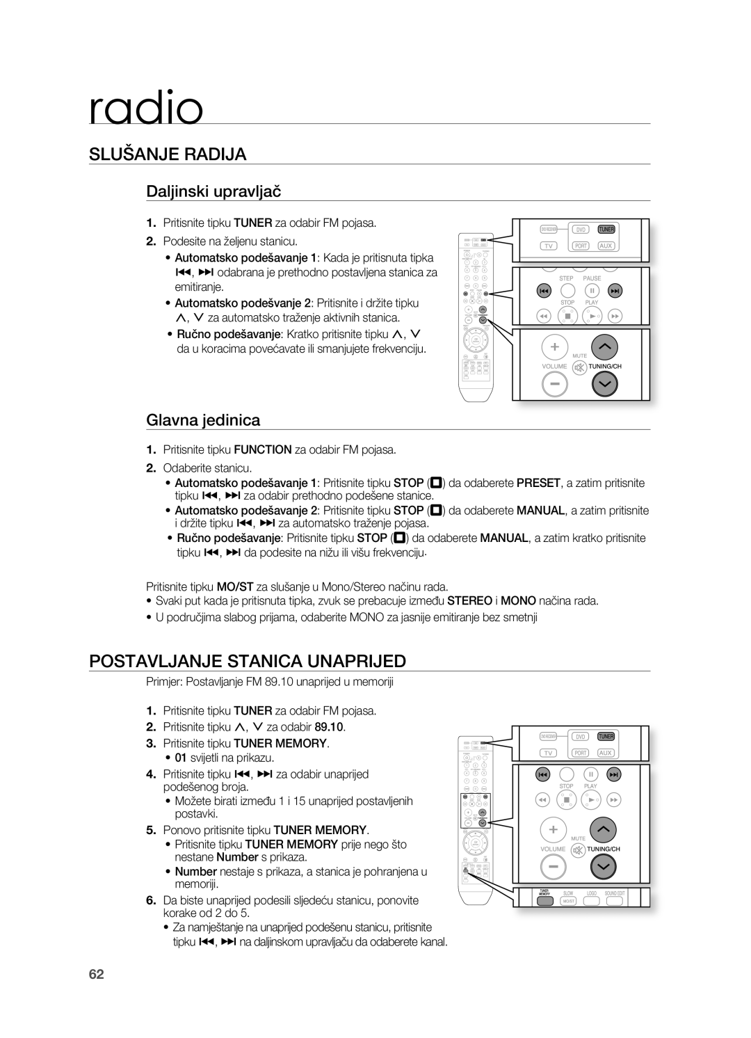 Samsung HT-TZ315R/EDC manual radio, SLUŠANjE RADIjA, PoSTAVLjANjE STANICA UNAPRIjED, Daljinski upravljač, glavna jedinica 