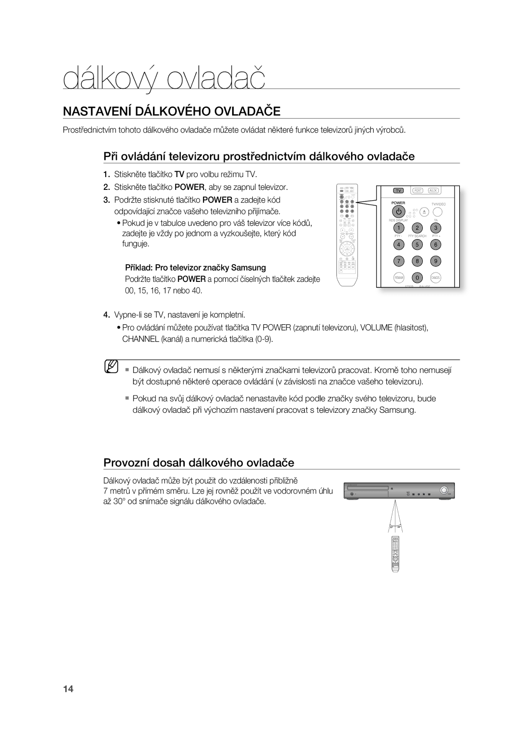 Samsung HT-TZ315R/EDC manual Nastavení DÁLKOVéHO Ovladače, Při ovládání televizoru prostřednictvím dálkového ovladače 