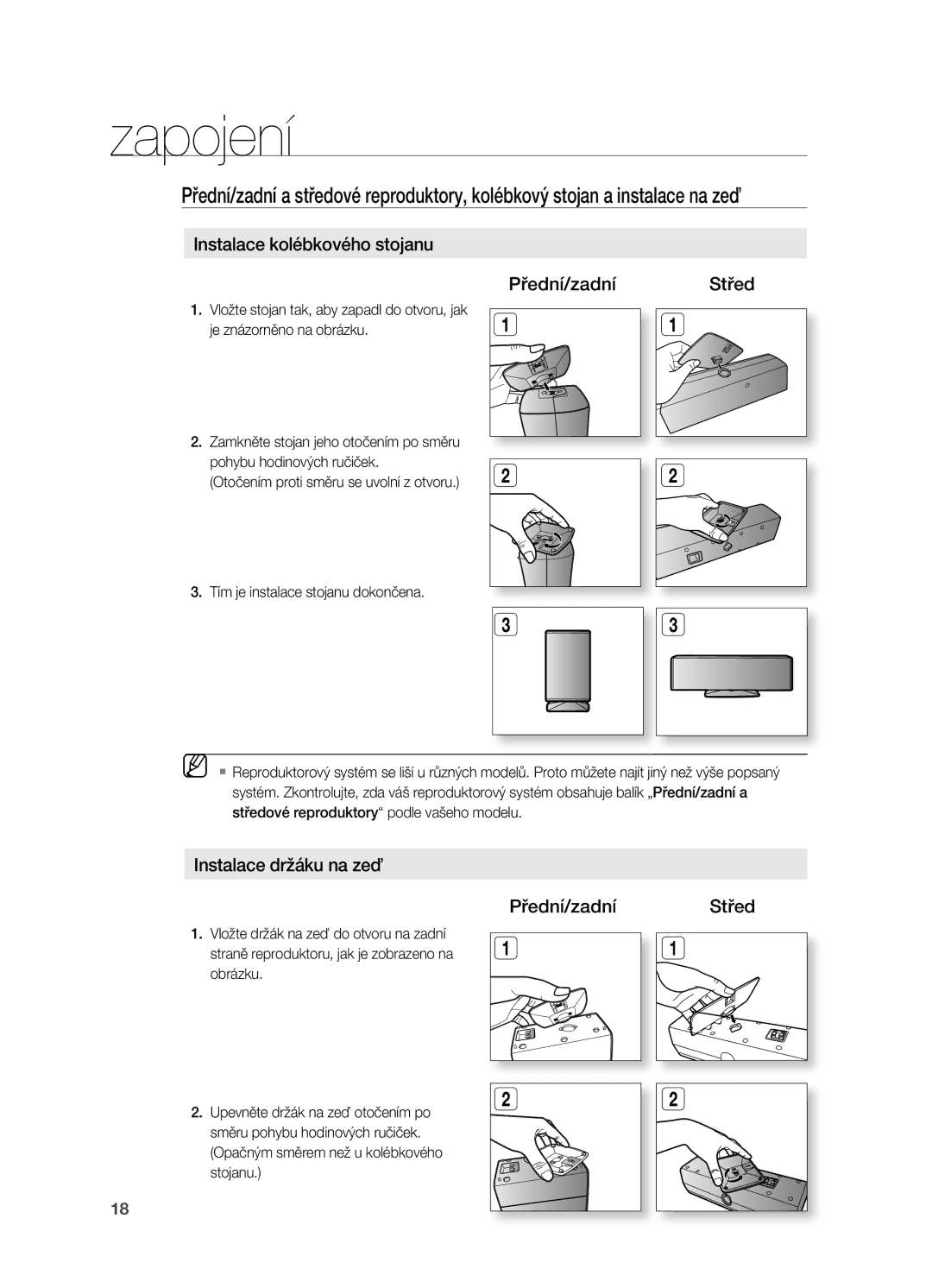 Samsung HT-TZ315R/EDC, HT-TZ212R/EDC manual Instalace kolébkového stojanu Přední/zadní Střed, Instalace držáku na zeď 