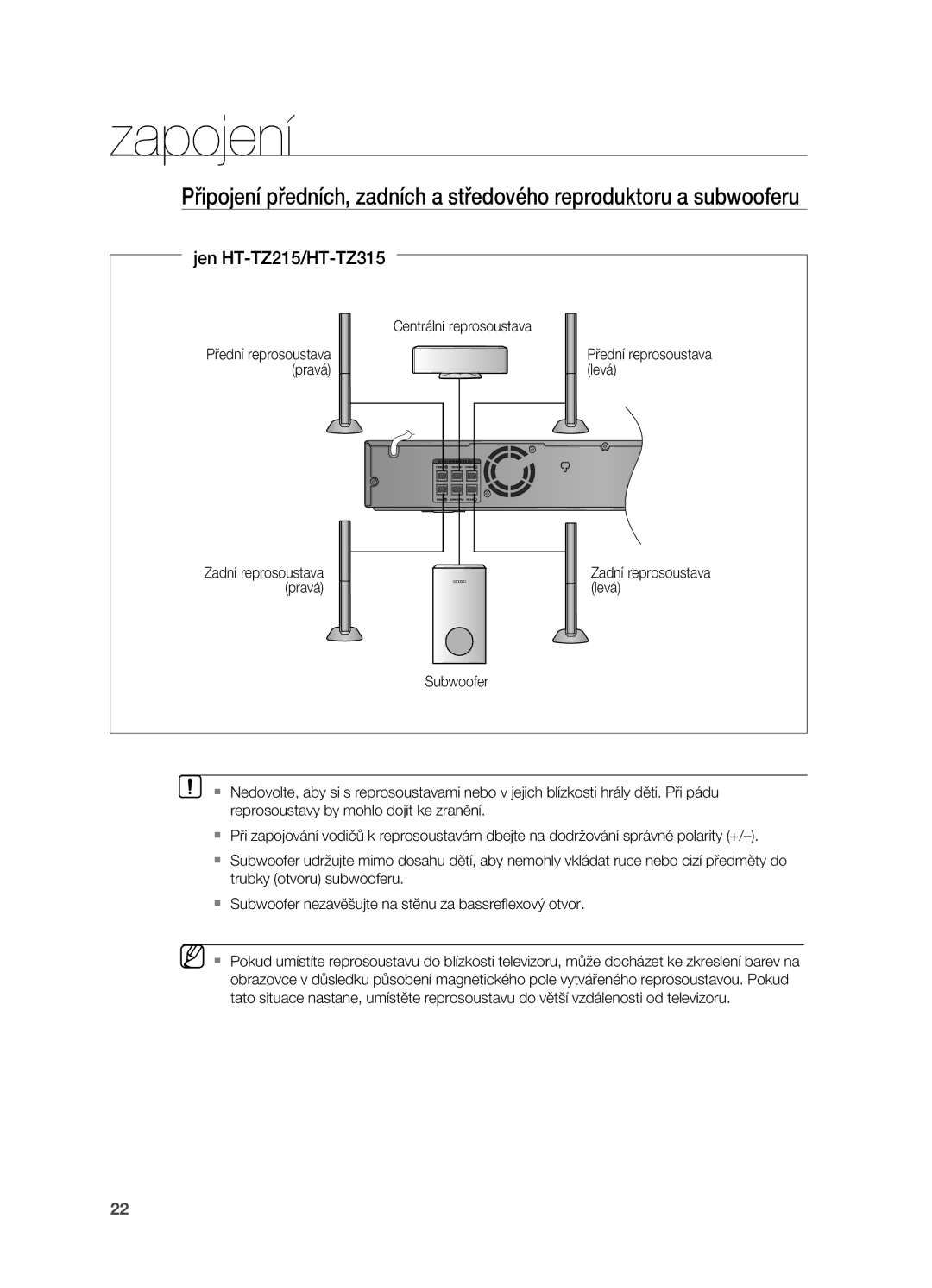 Samsung HT-TZ315R/EDC, HT-TZ212R/EDC, HT-Z310R/EDC, HT-Z210R/EDC manual Jen HT-TZ215/HT-TZ315, Přední reprosoustava Pravá Levá 