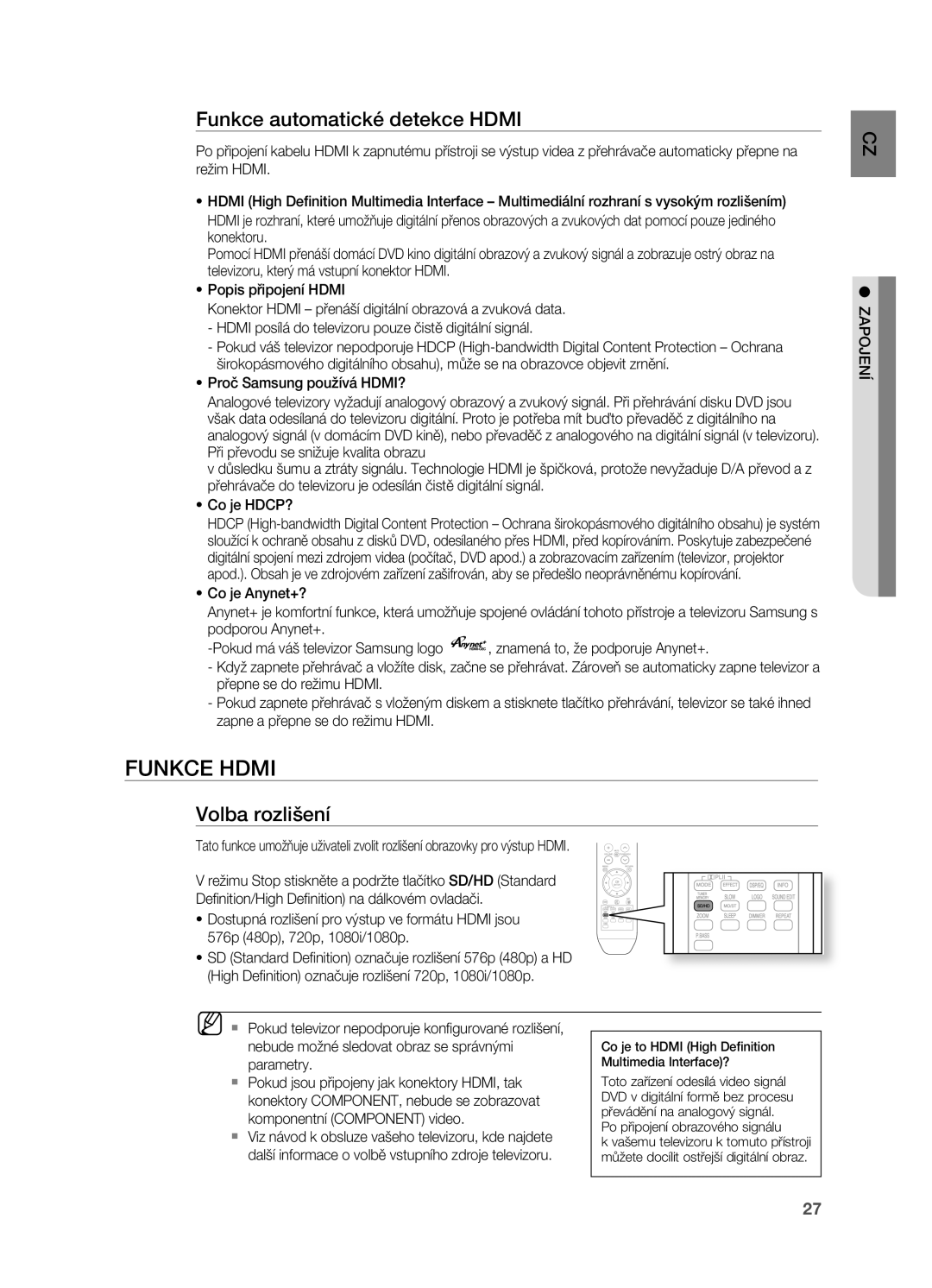 Samsung HT-TZ212R/EDC, HT-Z310R/EDC, HT-Z210R/EDC manual Funkce Hdmi, Funkce automatické detekce Hdmi, Volba rozlišení 