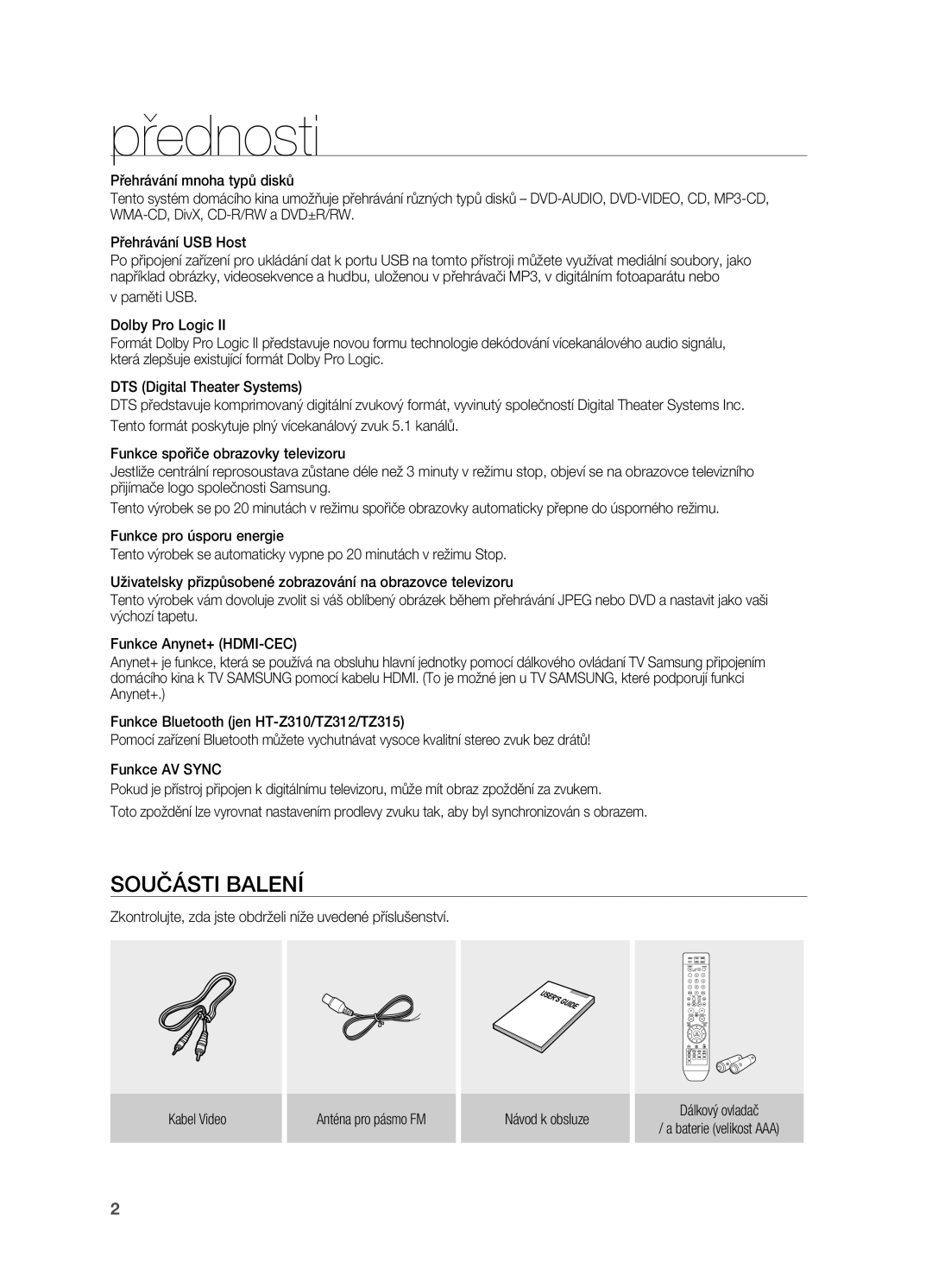 Samsung HT-TZ315R/EDC, HT-TZ212R/EDC, HT-Z310R/EDC, HT-Z210R/EDC manual Přednosti, Součásti Balení 