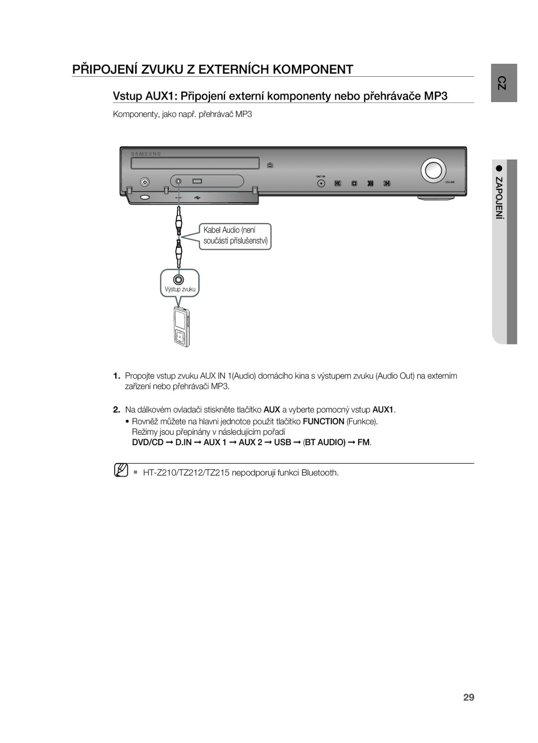 Samsung HT-Z210R/EDC PřIPOJENÍ Zvuku Z EXTErNÍCH Komponent, Vstup AUX1 Připojení externí komponenty nebo přehrávače MP3 