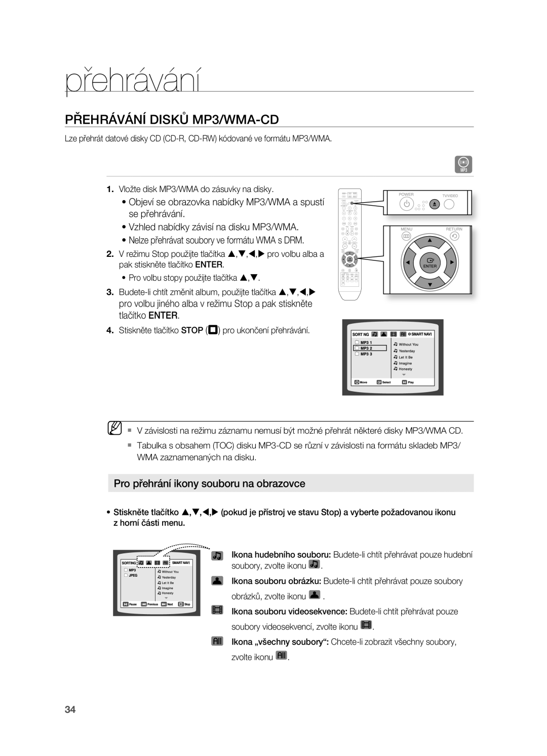 Samsung HT-TZ315R/EDC, HT-TZ212R/EDC, HT-Z310R/EDC PřEHrÁVÁNÍ DISKů MP3/WMA-CD, Pro přehrání ikony souboru na obrazovce 