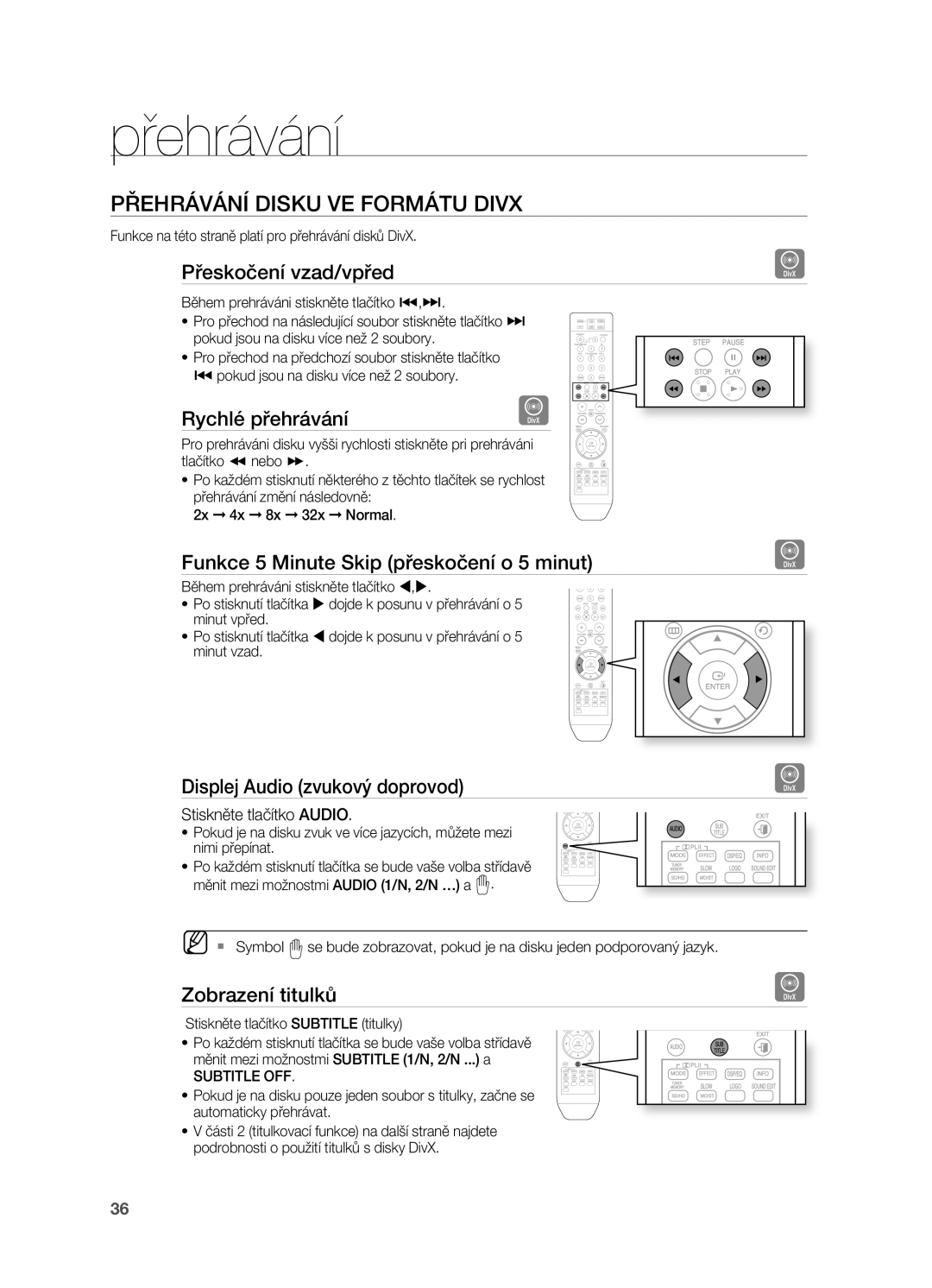 Samsung HT-Z310R/EDC, HT-TZ212R/EDC, HT-Z210R/EDC, HT-TZ315R/EDC manual PřEHrÁVÁNÍ Disku VE FOrMÁTU Divx 