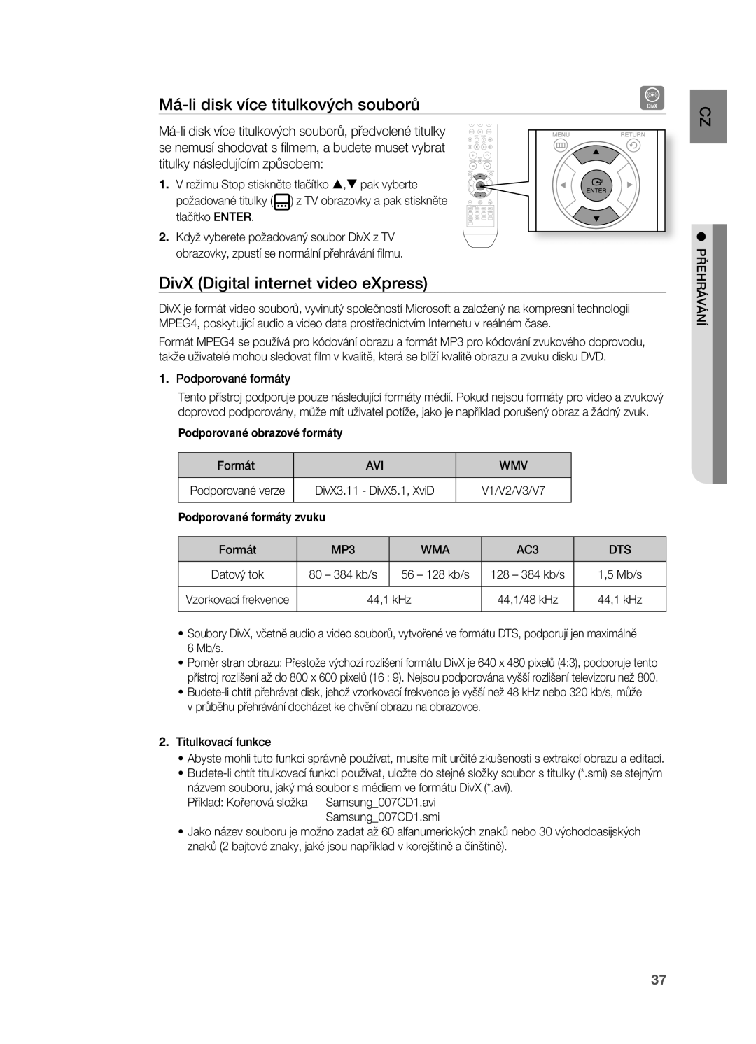 Samsung HT-Z210R/EDC manual Má-li disk více titulkových souborů, DivX Digital internet video eXpress, Avi Wmv, MP3 WMA 