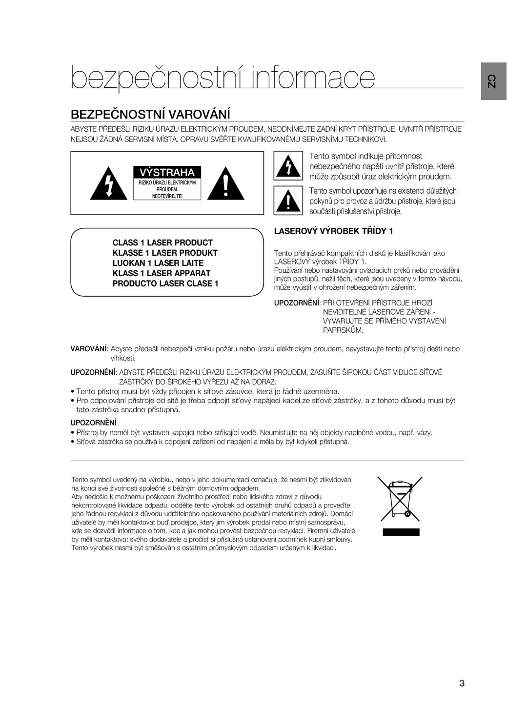 Samsung HT-TZ212R/EDC, HT-Z310R/EDC, HT-Z210R/EDC, HT-TZ315R/EDC manual Bezpečnostní informace, Bezpečnostní varování 