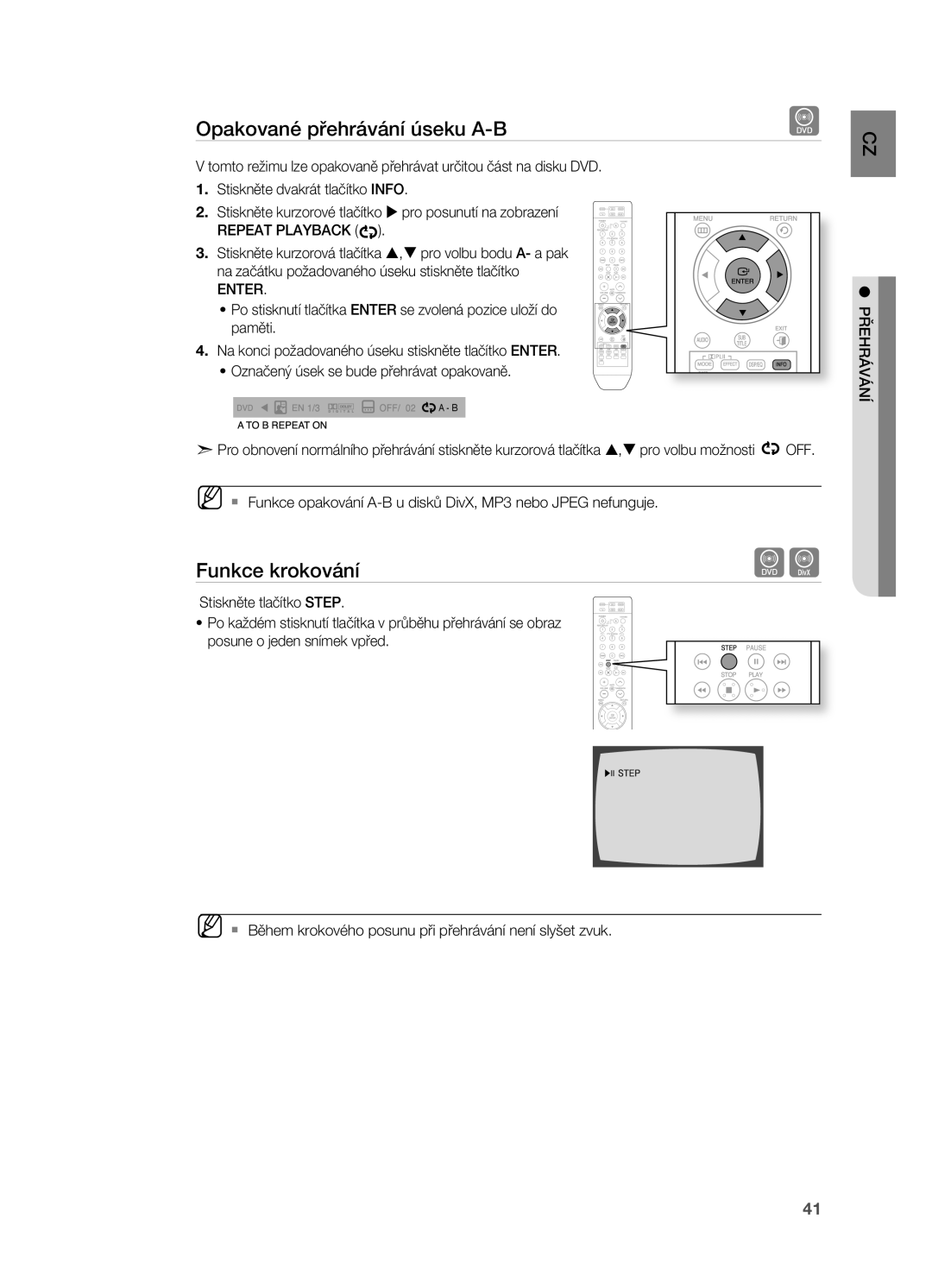 Samsung HT-Z210R/EDC, HT-TZ212R/EDC, HT-Z310R/EDC, HT-TZ315R/EDC manual Opakované přehrávání úseku A-B, Funkce krokování 