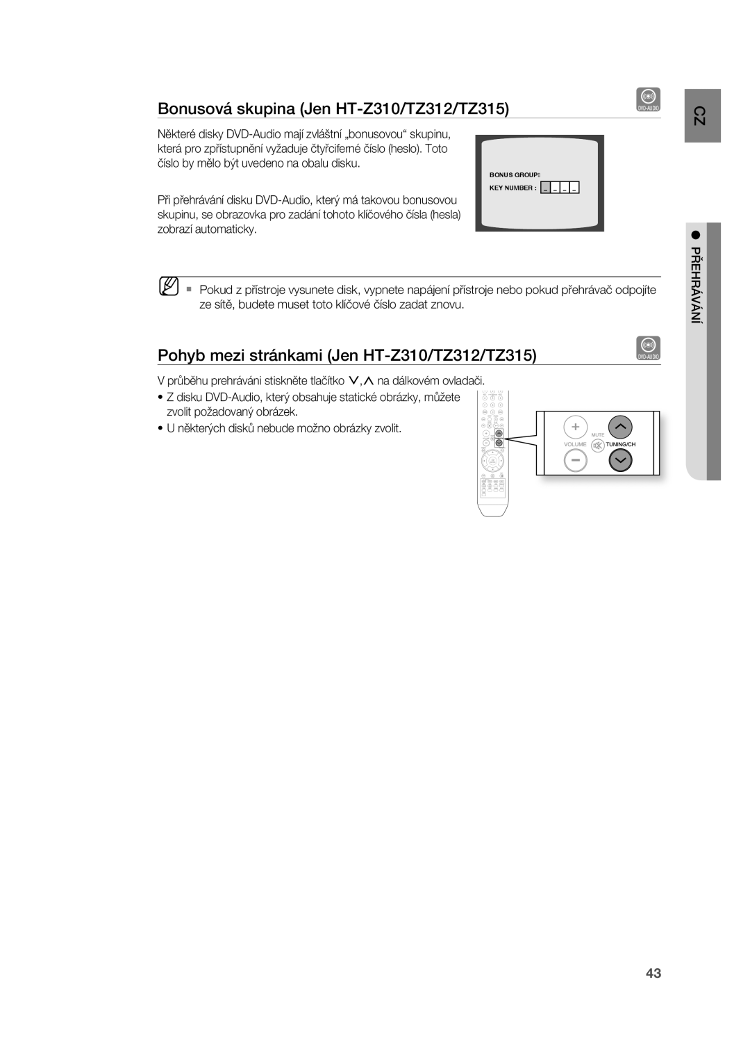 Samsung HT-TZ212R/EDC, HT-Z310R/EDC Bonusová skupina Jen HT-Z310/TZ312/TZ315, Pohyb mezi stránkami Jen HT-Z310/TZ312/TZ315 