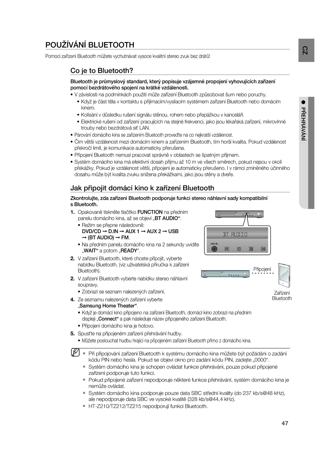 Samsung HT-TZ212R/EDC manual POUžÍVÁNÍ Bluetooth, Co je to Bluetooth?, Jak připojit domácí kino k zařízení Bluetooth 