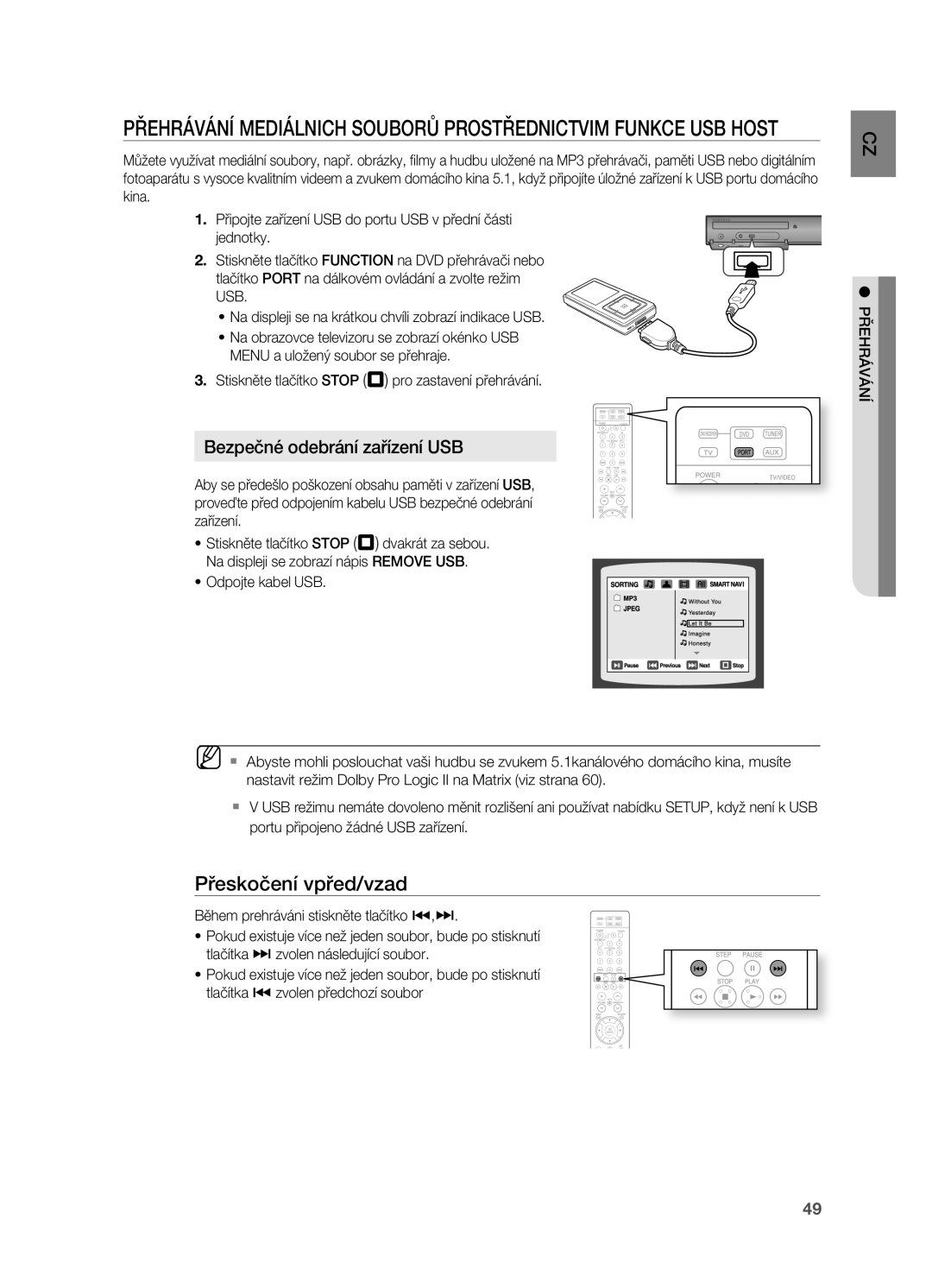 Samsung HT-Z210R/EDC, HT-TZ212R/EDC, HT-Z310R/EDC, HT-TZ315R/EDC manual Přeskočení vpřed/vzad, Bezpečné odebrání zařízení USB 