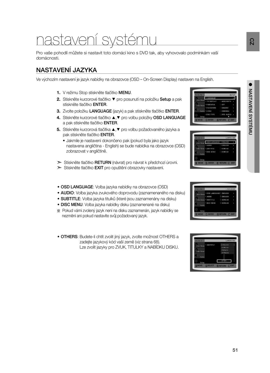 Samsung HT-TZ212R/EDC manual Nastavení systému, Nastavení jazyka, Pak stiskněte tlačítko Enter, CZ ému syst nastavení 