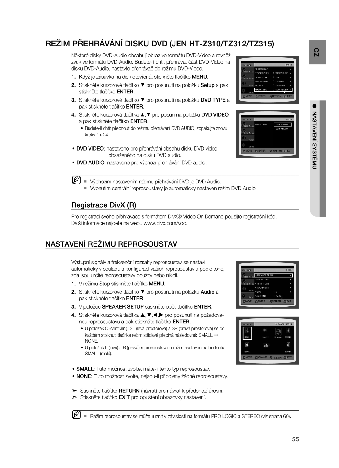 Samsung HT-TZ212R/EDC Režim přehrávání disku DVD jen HT-Z310/TZ312/TZ315, Registrace DivX R Nastavení režimu reprosoustav 