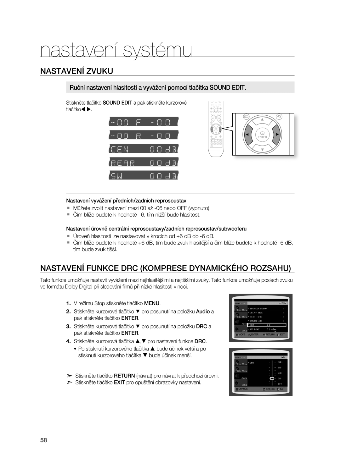 Samsung HT-TZ315R/EDC, HT-TZ212R/EDC, HT-Z310R/EDC manual Nastavení Zvuku, Nastavení Funkce DrC KOMPrESE DYNAMICKéHO rOZSAHU 